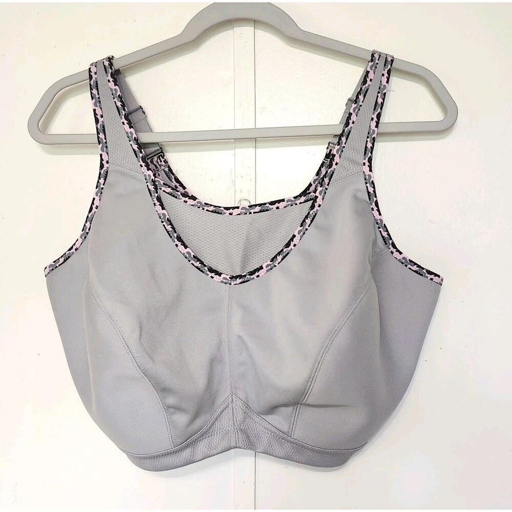 EC! Glamorise 44F No Bounce Sports Bra Grey Pink Animal Print Accents
